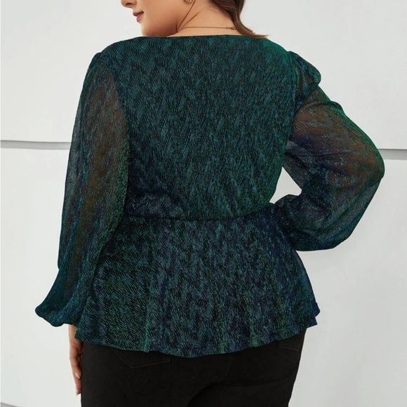Classic Plus Size Deep V neck Long Sleeve Glitter Peplum Top Blouse Shirt - Picture 3 of 6